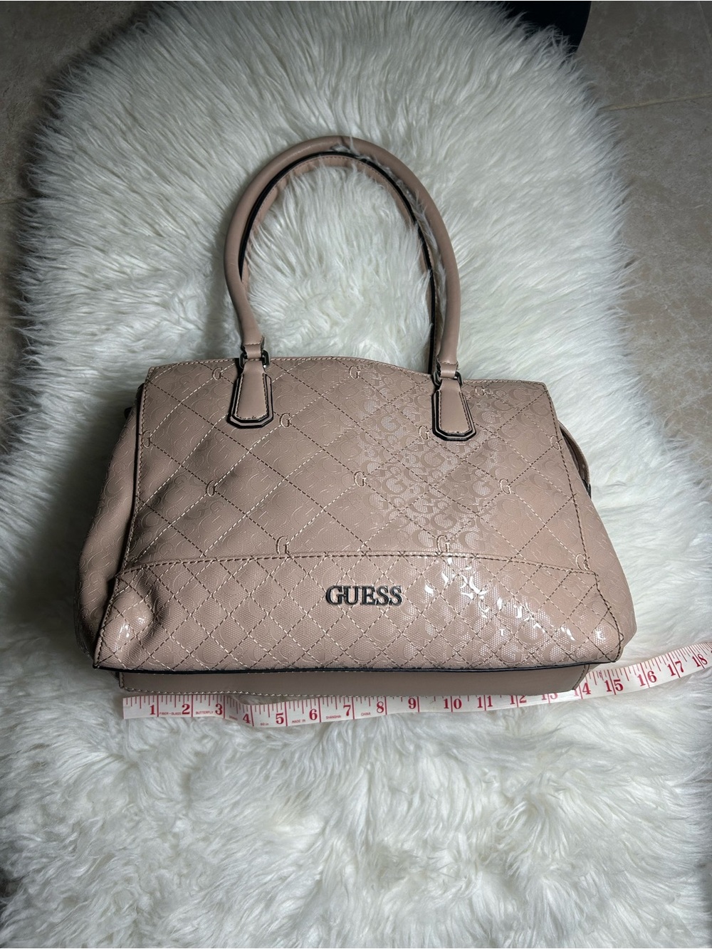 GUESS Quilted Patent Satchel in Blush Pink